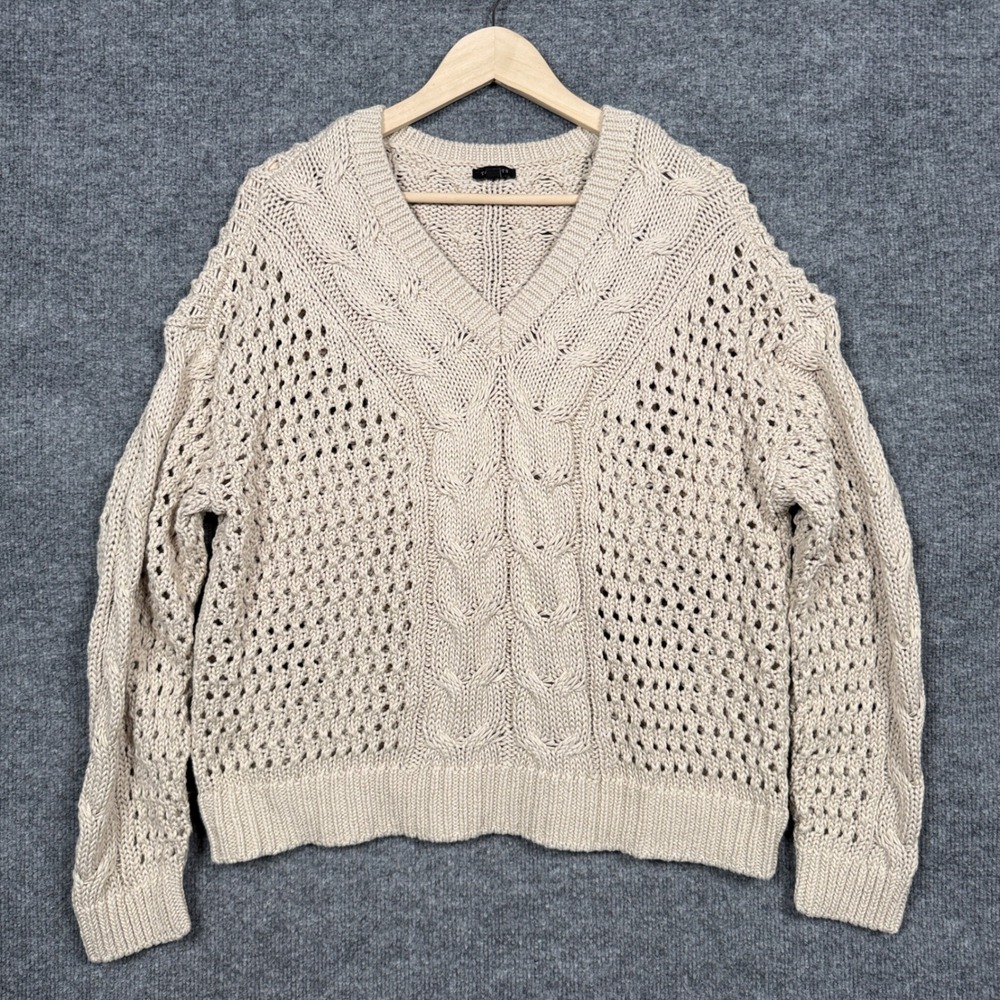 Talbots Large Sweater Tan Cotton Blend Chunky Open Knit Cable Knit Cottagecore